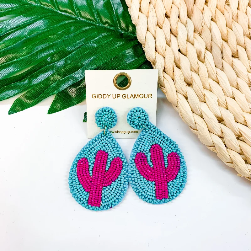 Trendy Drop Earrings for Fashion-Lookin' Sharp Seed Bead Cactus Teardrop Earrings In Turquoise and Fuchsia