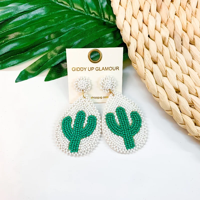 Party Drop Earrings for Glamorous-Lookin' Sharp Seed Bead Cactus Teardrop Earrings In White and Green