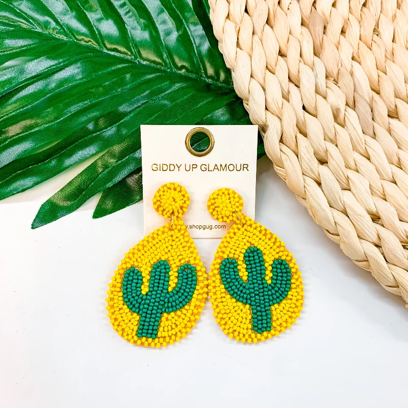 Casual Drop Earrings for Everyday-Lookin' Sharp Seed Bead Cactus Teardrop Earrings In Yellow and Green