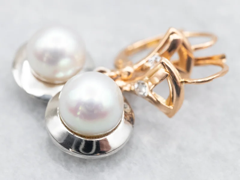 Silver Drop Earrings for Classic-Mixed Metal Saltwater Pearl and Diamond Drop Earrings