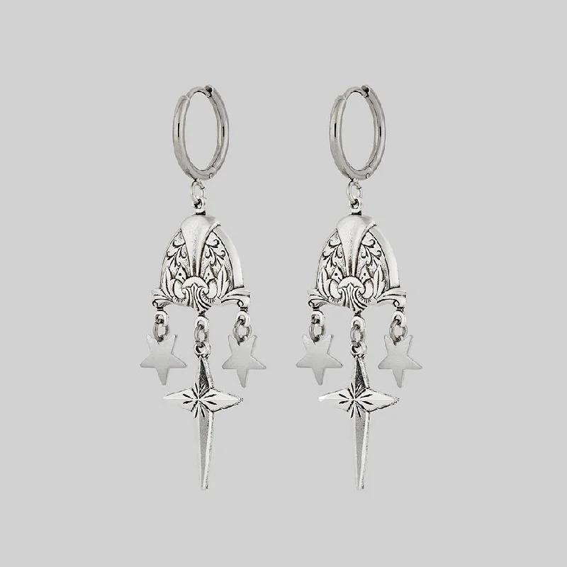 Party Drop Earrings for Glamorous-MONA. Ornate Shield & Tiny Star Drop Earrings - Silver