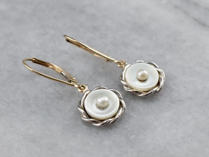 Minimalist Drop Earrings for Simple-Mother of Pearl Two Tone Gold Drop Earrings