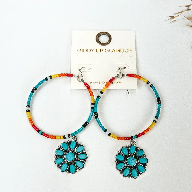 Small Drop Earrings for Delicate-Multicolored Seed Beaded Circle drop Earrings with Turquoise Cluster Pendant