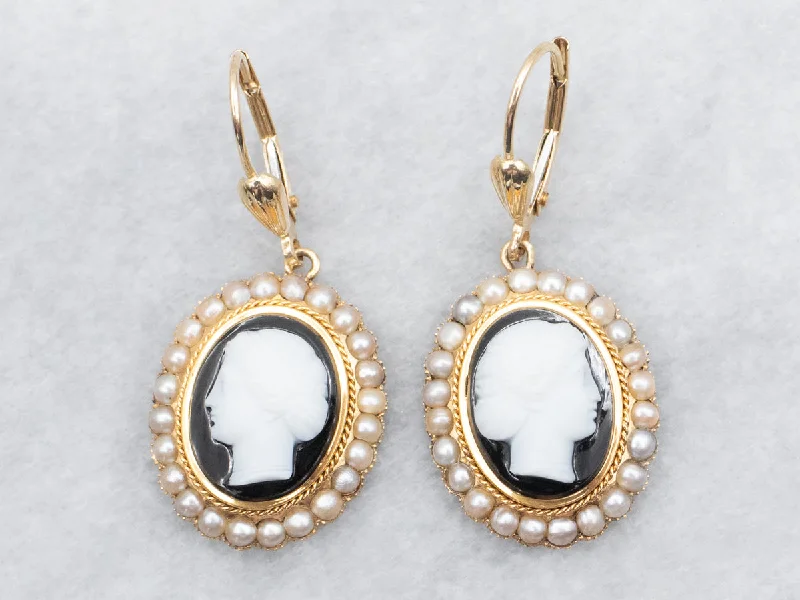 Free-Spirited Drop Earrings for Bohemian-Onyx Cameo and Seed Pearl Drop Earrings