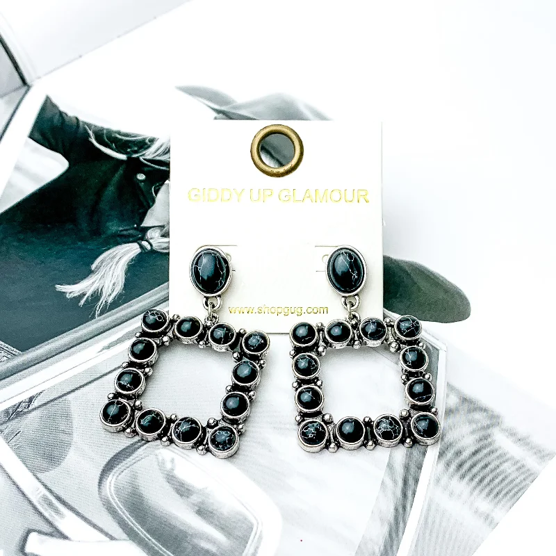 Jade Drop Earrings for Natural-Open Square Drop Earrings with Black Stones in Silver Tone