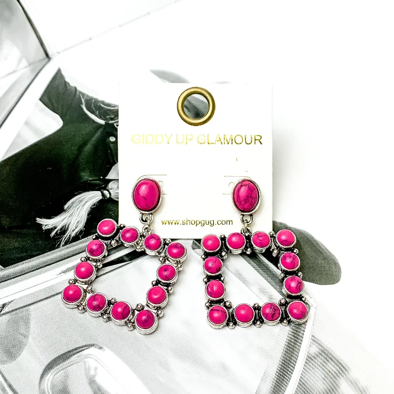 Zircon Drop Earrings for Sparkling-Open Square Drop Earrings with Fuchsia Pink Stones in Silver Tone