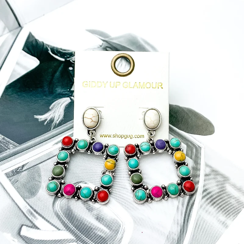 Malachite Drop Earrings for Patterned-Open Square Drop Earrings with Multicolor Stones in Silver Tone