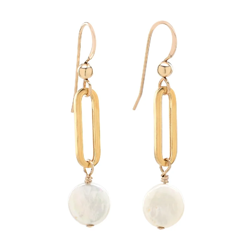 School Drop Earrings for Students-Oval Link Pearl Disc Drop Earrings