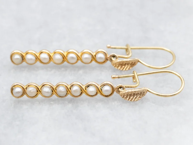 Medium Drop Earrings for Versatile-Pearl Bar Drop Earrings with Leaf Detail