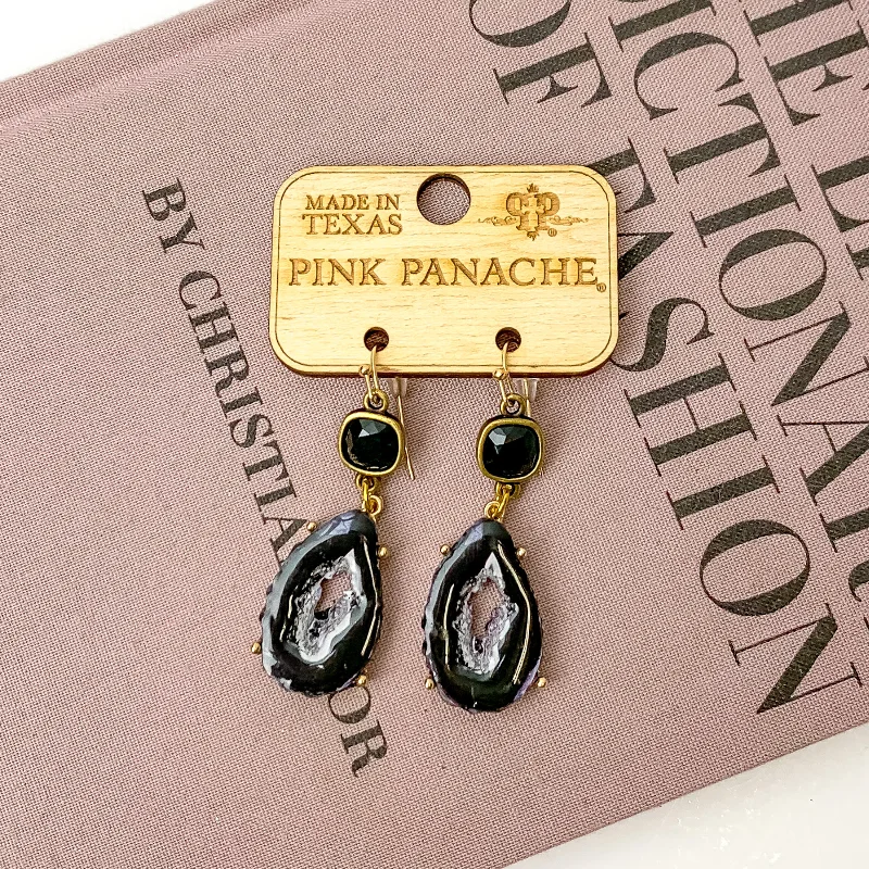 Modern Drop Earrings for Contemporary-Pink Panache | Black Cushion Cut Crystal Drop Earrings with Black Open Druzy Charm