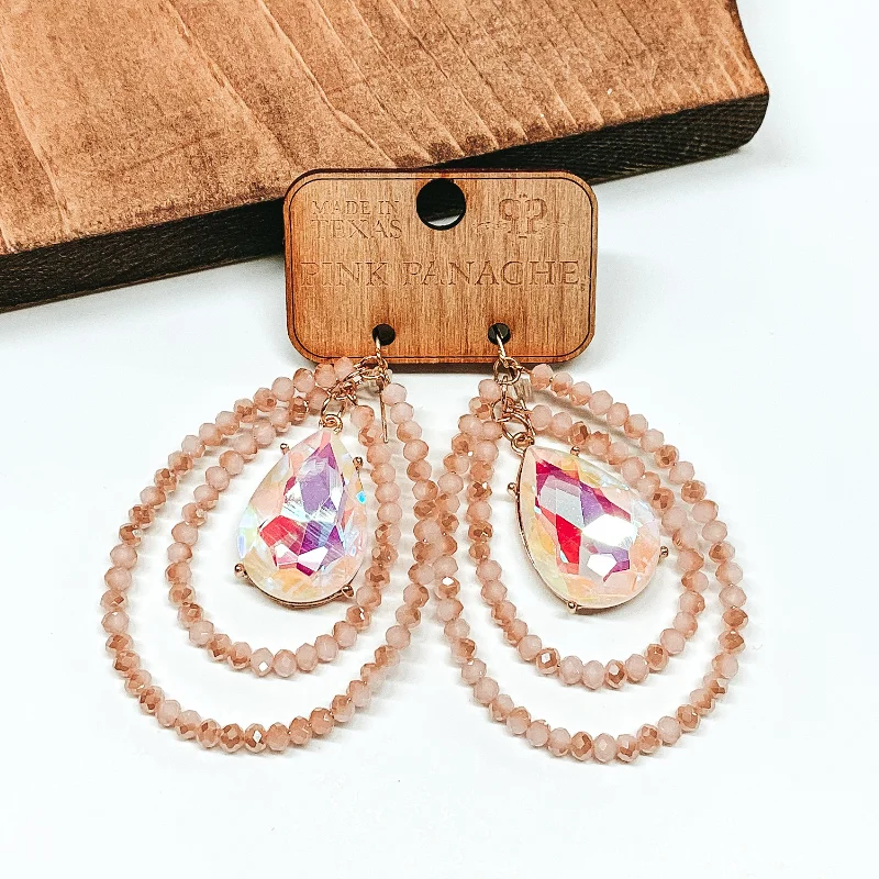 Romantic Drop Earrings for Loving-Pink Panache | Blush Crystal Layered Beaded Teardrop Earrings with White Opal AB Teardrop Crystal