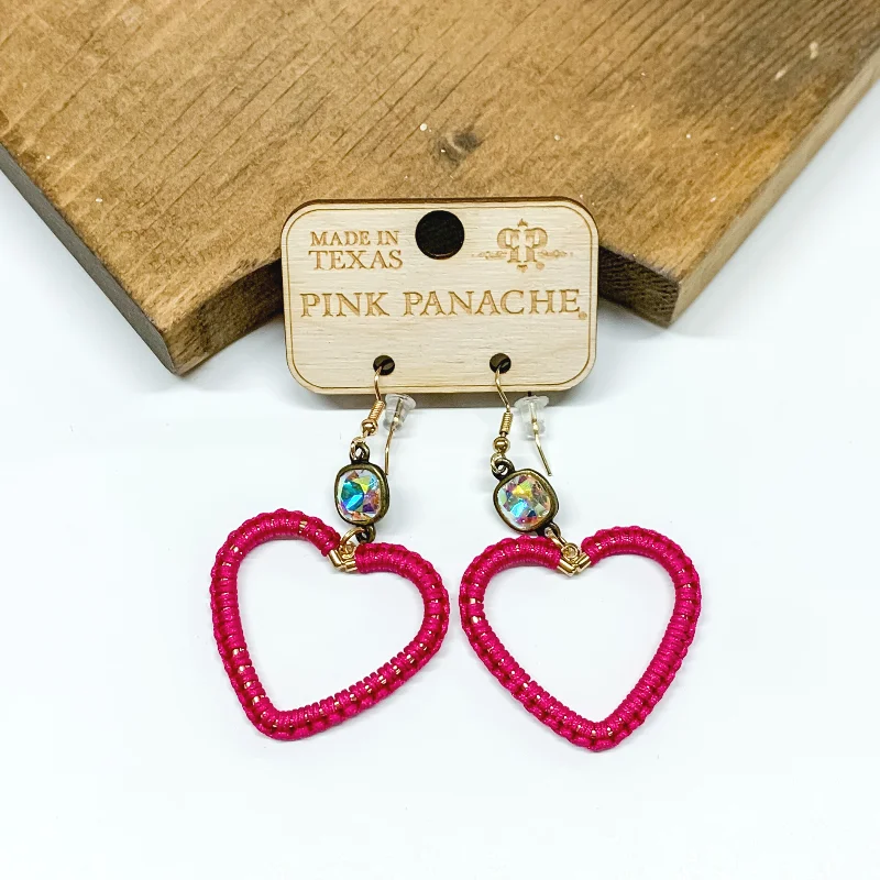 Colorful Drop Earrings for Vivid-Pink Panache | Fuchsia Wrapped Heart Drop Earrings with AB Crystal