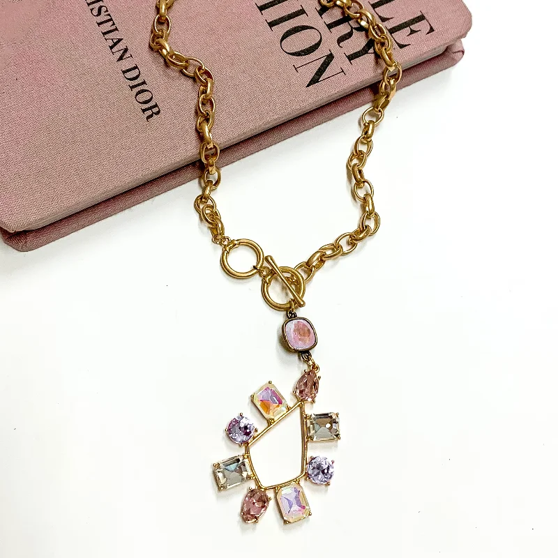 Structured Drop Earrings for Orderly-Pink Panache | Gold Tone Chain Necklace with a Lavender Crystal Drop and Multicolor Crystal Teardrop Pendant