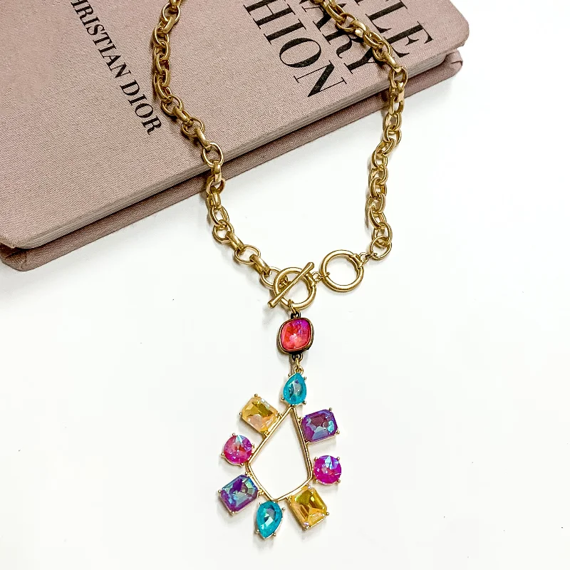 Patterned Drop Earrings for Interest-Pink Panache | Gold Tone Chain Necklace with a Pink Lotus Delight Crystal Drop and Multicolor Crystal Teardrop Pendant