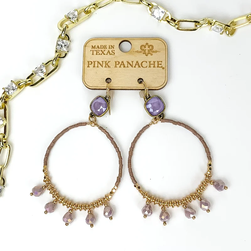 Embellished Drop Earrings for Fancy-Pink Panache | Purple Beaded Circle Drop Earrings with Lilac Crystal Charms and Lilac Cushion Cut Crystal