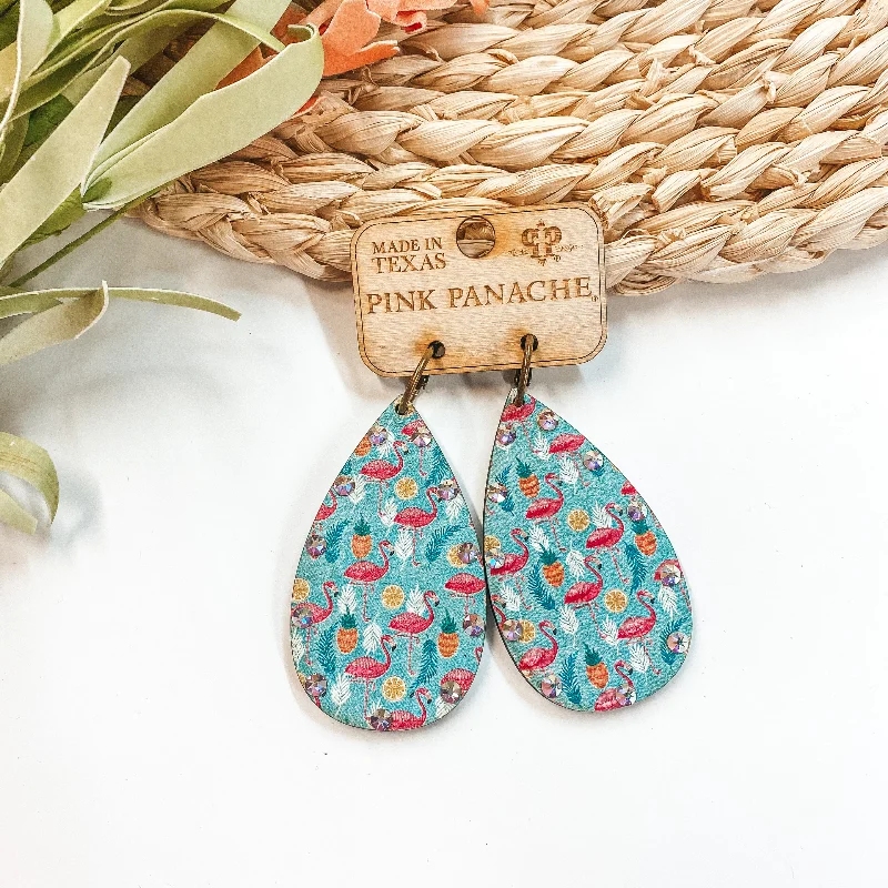 Adjustable Drop Earrings for Custom-Pink Panache | Wooden Teardrop Earrings With Flamingo's, Fruits, and AB Crystals in Turquoise