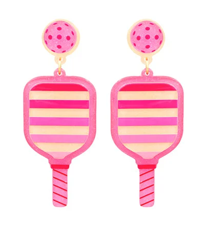 Statement-Making Drop Earrings for Impact-Pink Stripe Pickleball Paddle Drop Earrings