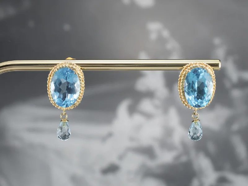 Crocheted Drop Earrings for Handmade-Yellow Gold Blue Topaz Drop Earrings