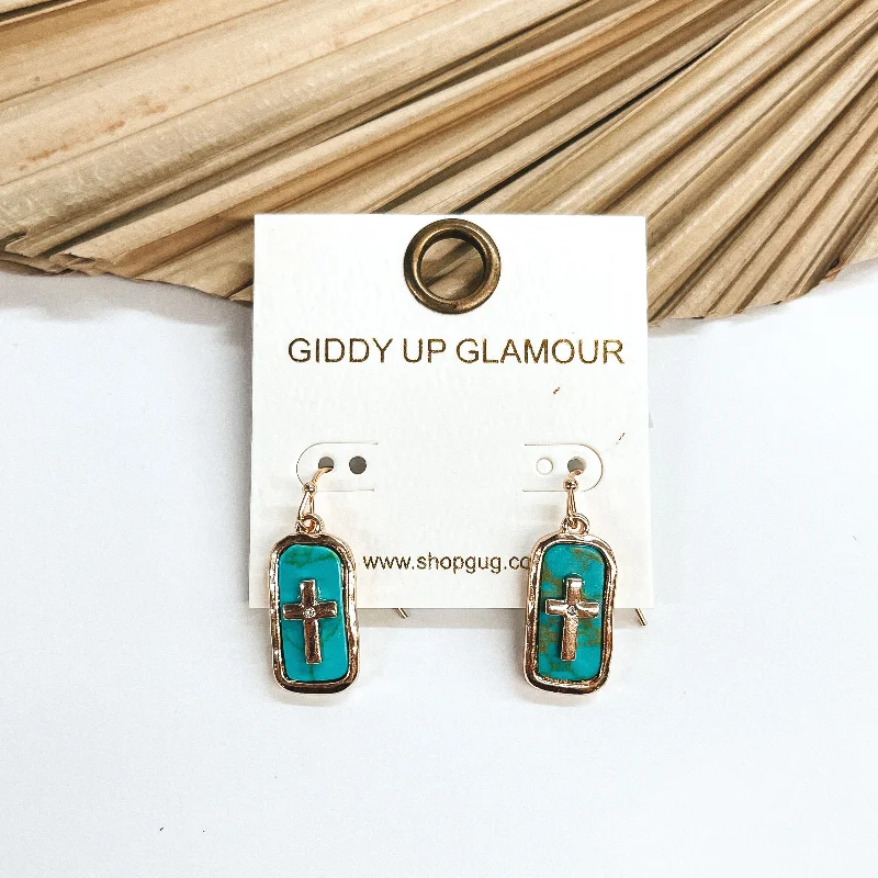 Free-Spirited Drop Earrings for Bohemian-Sunday Soul Rectangular Pendant Earrings with Gold Tone Cross and Semi-Precious Stone in Turquoise