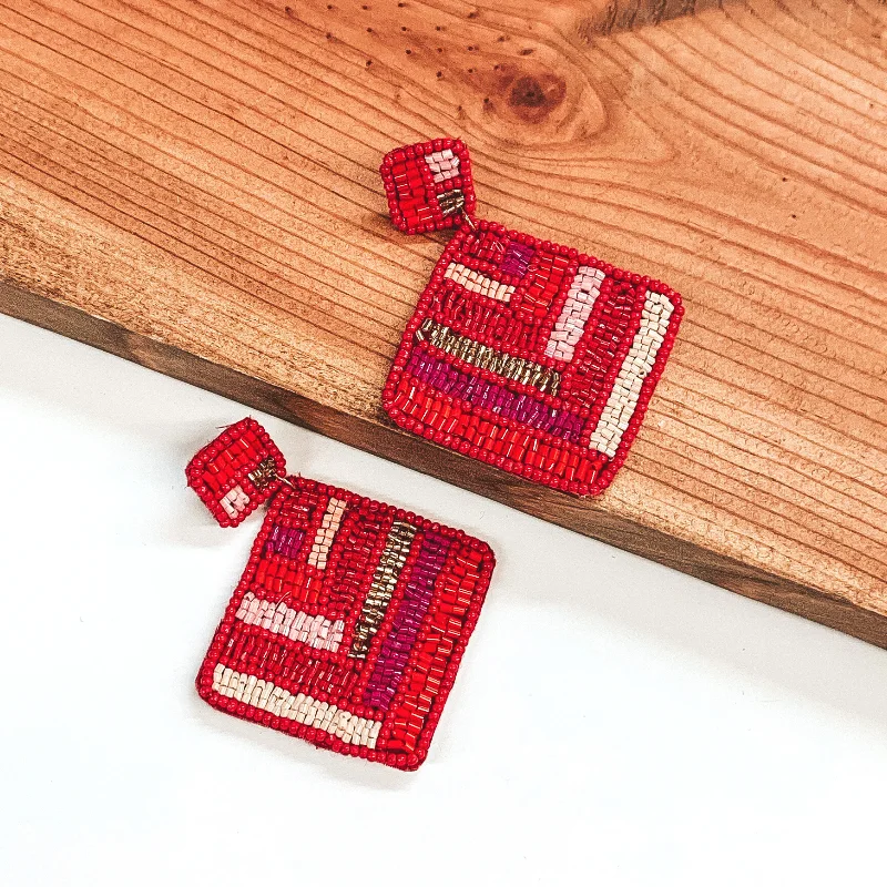 Animal-Print Drop Earrings for Wild-Resort Life Beaded Square Drop Earrings with Chevron Design in Red