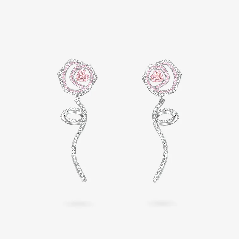 Small Drop Earrings for Delicate-"Rose Amour" Sterling Silver Long Drop Earrings