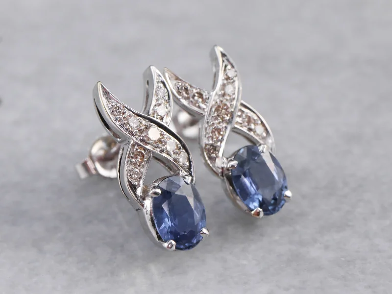 School Drop Earrings for Students-Sapphire Diamond White Gold Drop Earrings