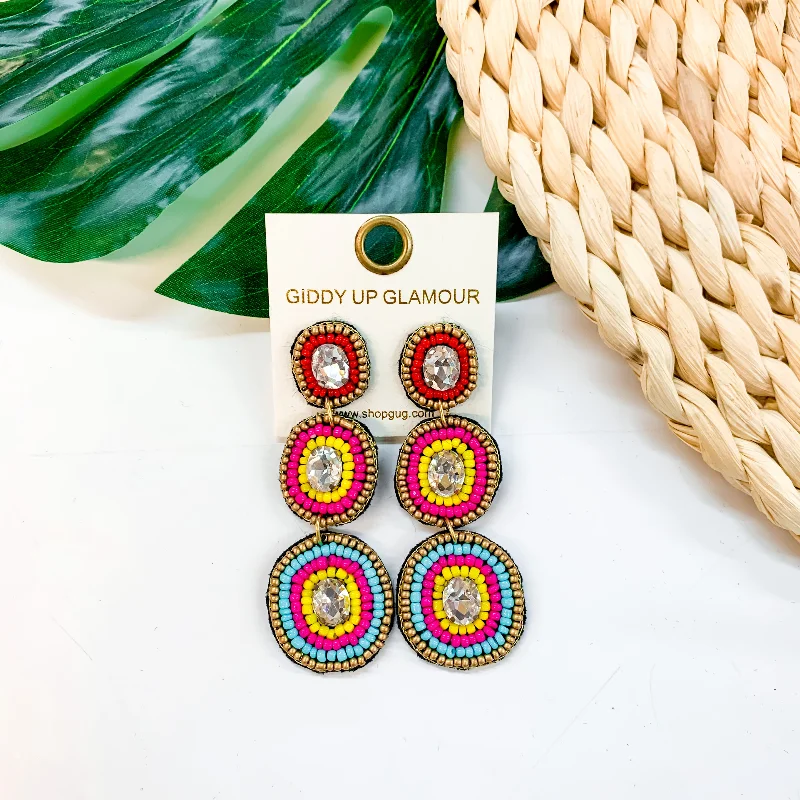 Vintage Drop Earrings for Nostalgic-Seed Bead Drop Earrings With Glass Stone in Red, Fuchsia, Yellow, and Turquoise