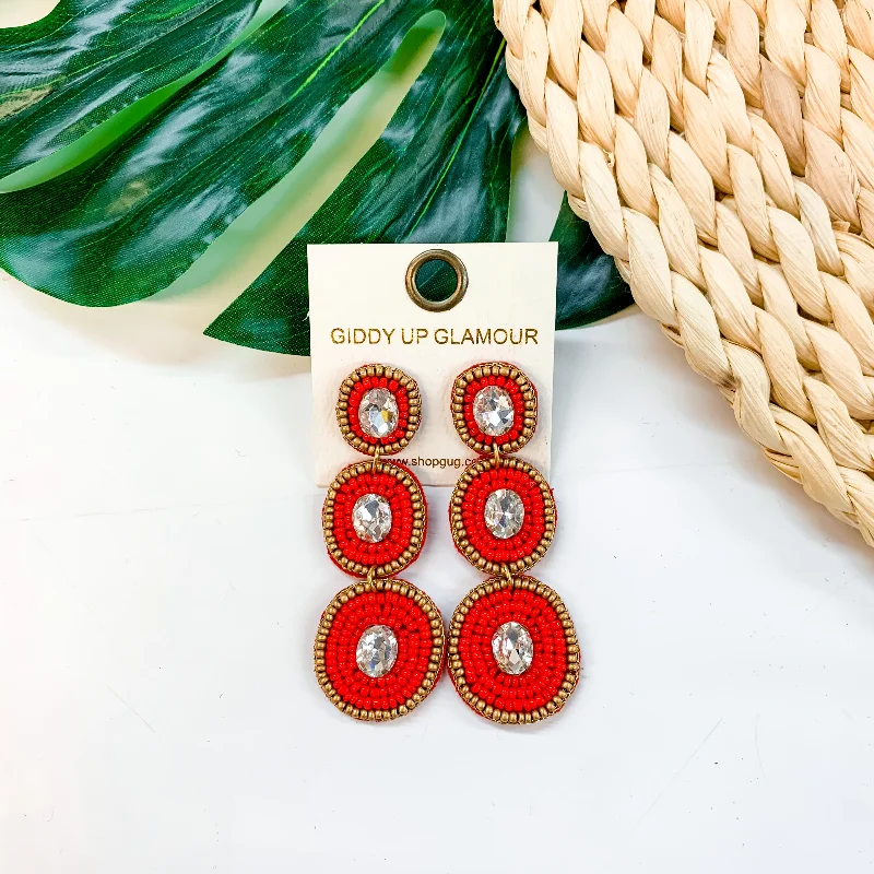 Retro Drop Earrings for Old-School-Seed Bead Drop Earrings With Glass Stone in Red