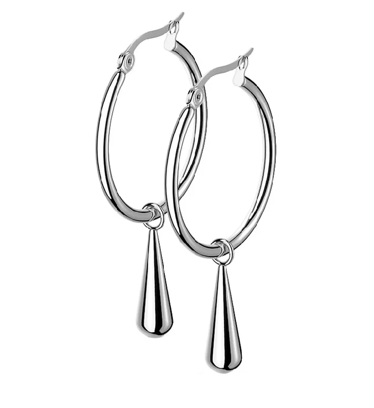 School Drop Earrings for Students-Silver Hoop Drop Earrings