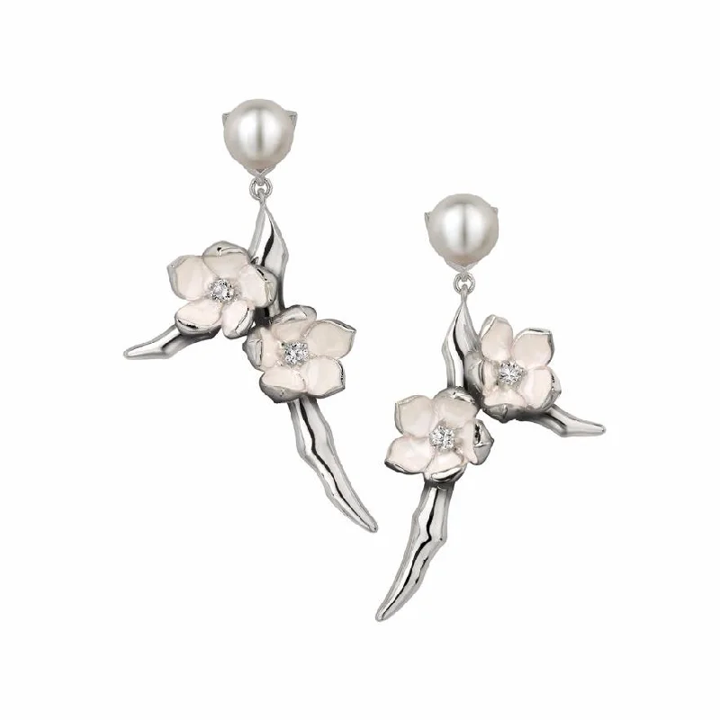 Iolite Drop Earrings for Blue-Cherry Blossom Branch Drop Earrings - Silver, Diamond & Pearl