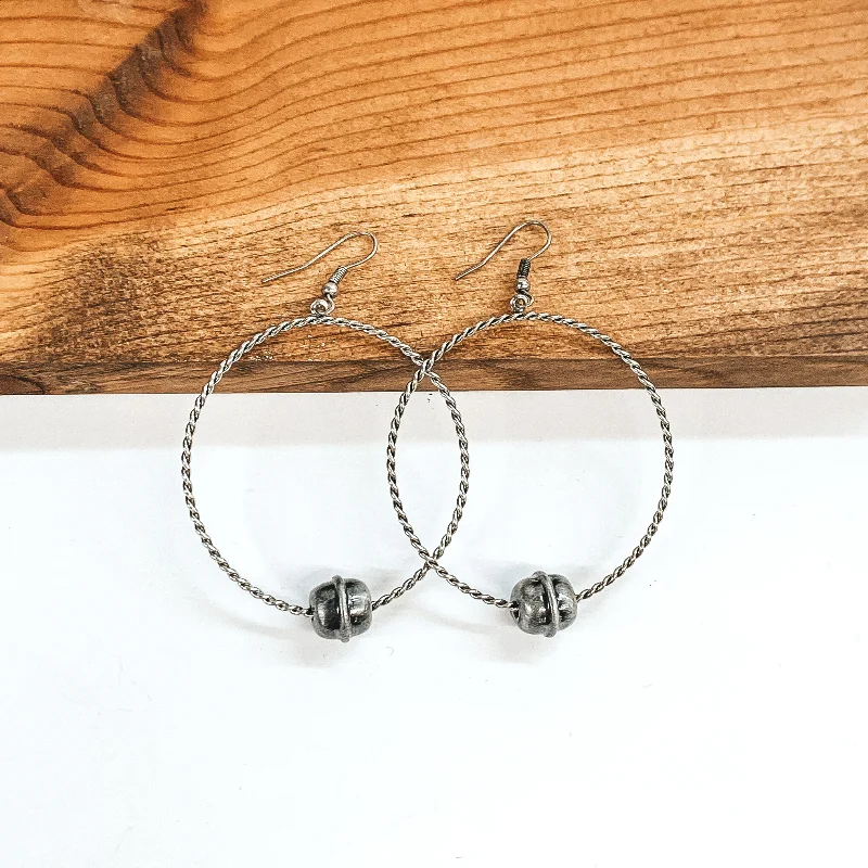 Heavy-Duty Drop Earrings for Durable-Silver Twisted Circle Drop Earrings with Single Silver Bead