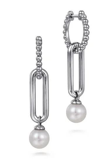 Statement Drop Earrings for Eye-Catching-Sterling Silver 1.08cttw Pearl Bujukan Huggie Drop Earrings by Gabriel