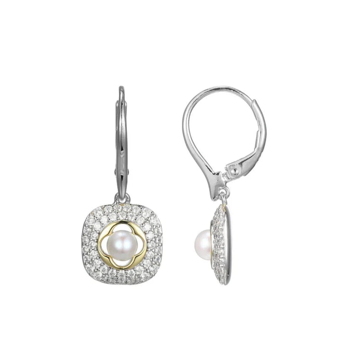 Halo Drop Earrings for Surrounding-SS Two-Tone CZ and Pearl Square Drop Earrings