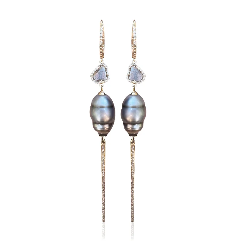 Peridot Drop Earrings for Green-Tahitian Pearl and Diamond 14k Drop Earrings