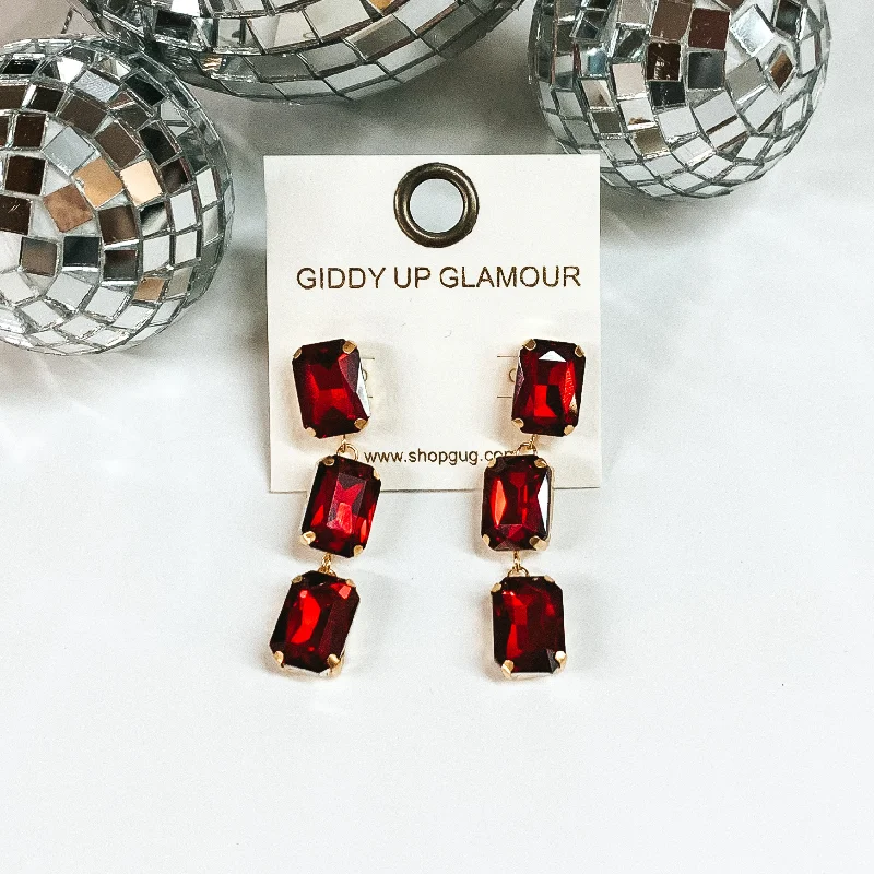 Patterned Drop Earrings for Interest-Three Tier Rectangle Crystal Drop Earrings in Red