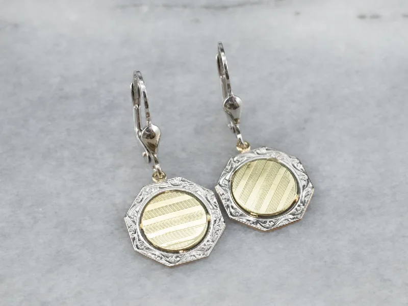 Bohemian Drop Earrings for Free-Spirited-Two Tone Gold Octagon Disk Drop Earrings