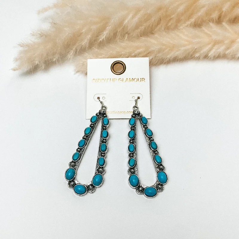 School Drop Earrings for Students-Western Design Silver Tone Teardrop Earrings with Turquoise Stones