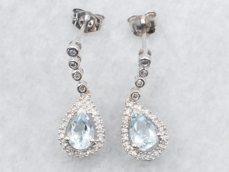 Gold Drop Earrings for Luxurious-Teardrop Aquamarine and Diamond Halo Drop Earrings