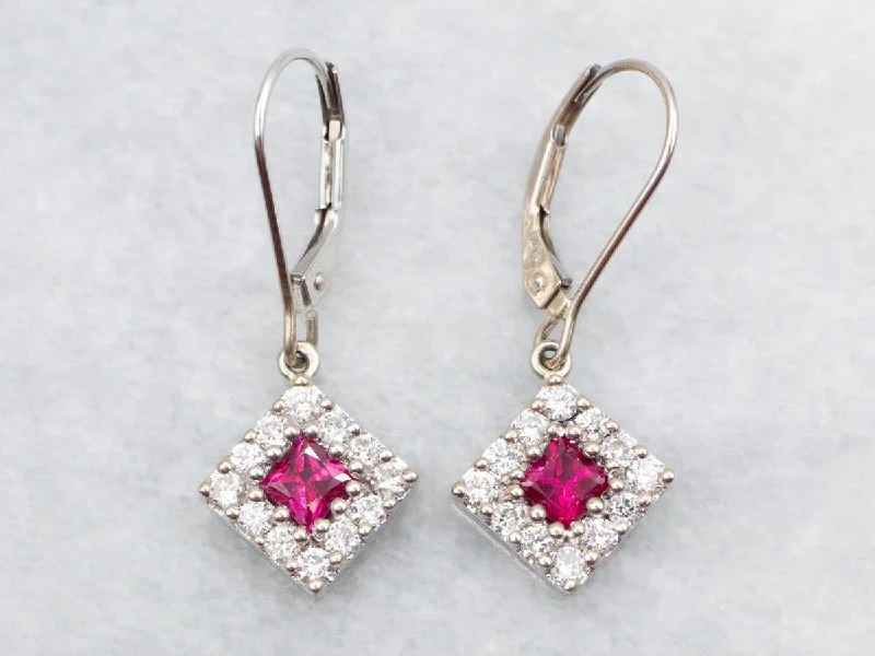 Vintage Drop Earrings for Nostalgic-Pretty Ruby and Diamond Halo Drop Earrings