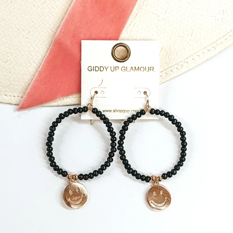 Infinity Drop Earrings for Eternal-Wood Beaded Circle Drop Earrings with Gold Happy Face Charm in Black