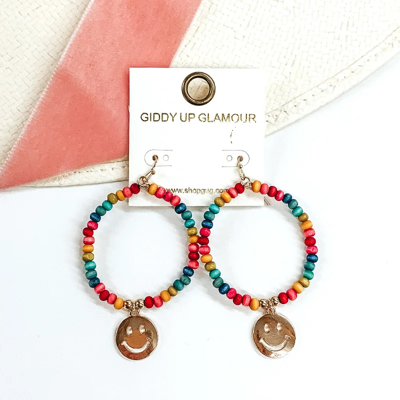 Halo Drop Earrings for Surrounding-Wood Beaded Circle Drop Earrings with Gold Happy Face Charm in Multicolored