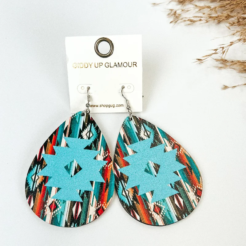 Oval Drop Earrings for Graceful-Wooden Serape Teardrop Earrings with Aztec Print in Blue Multicolor