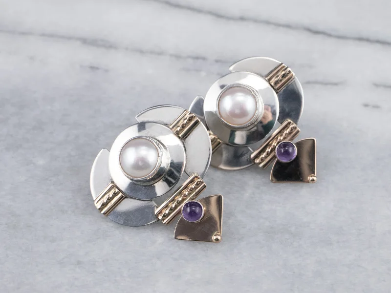 Lightweight Drop Earrings for Comfort-Mixed Metal Pearl and Amethyst Drop Earrings