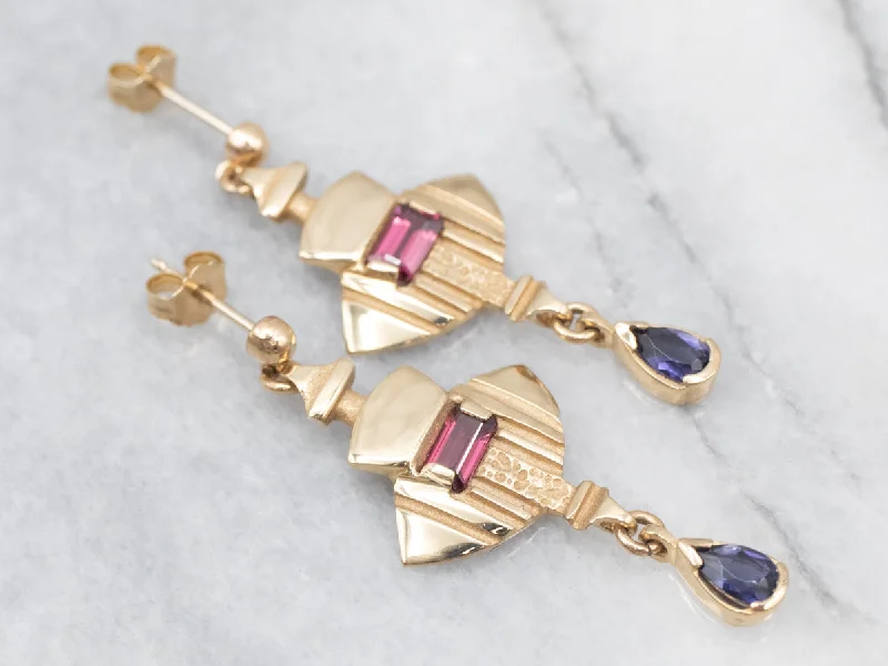 Modern Drop Earrings for Contemporary-Pink Tourmaline and Iolite Drop Earrings