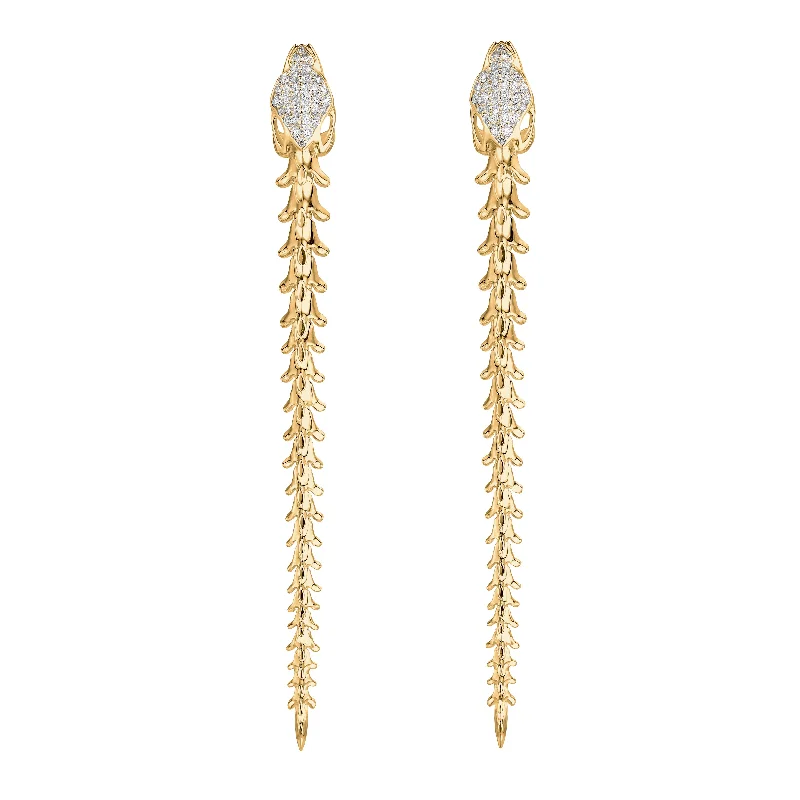 Wedding Drop Earrings for Bridal-Serpent's Trace Long Drop Earrings - Yellow Gold Vermeil & Diamond Pavé