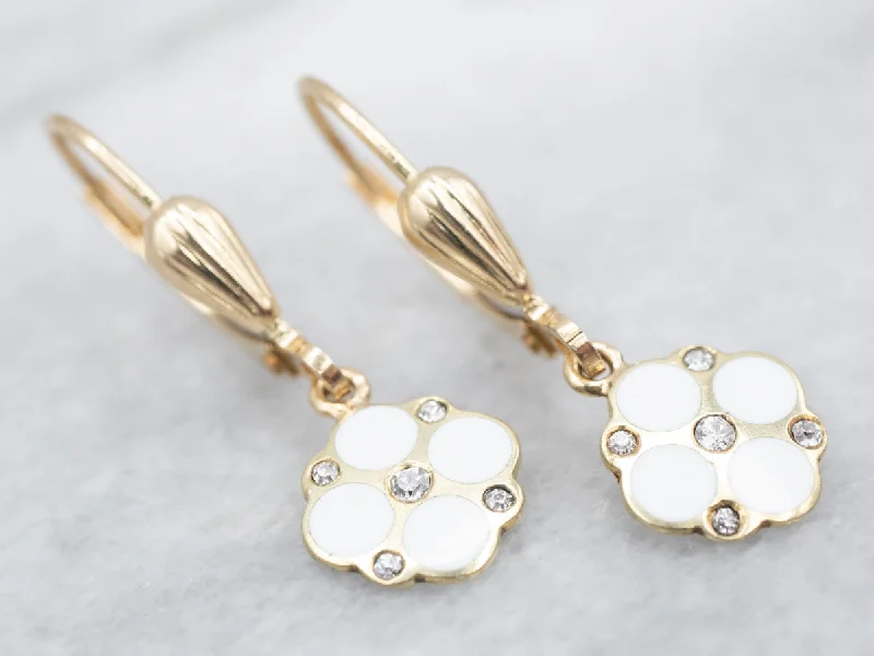 Gemstone Drop Earrings for Colorful-Sweet Yellow Gold White Enamel and Diamond Flower Drop Earrings