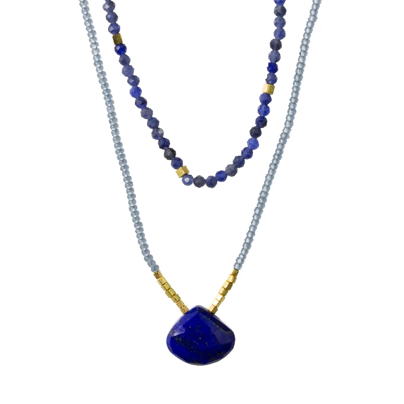 Birthstone pendant necklaces with sparkling gems to represent each family member -Double Lapis Drop Necklace