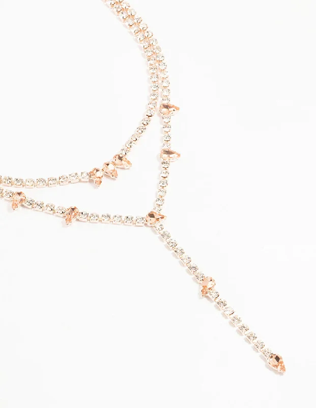 Unique animal-shaped pendants on necklaces for quirky and playful fashion statements -Rose Gold Diamante Cupchain Layered Y-Necklace