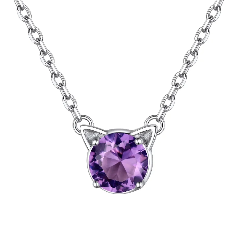 Elegant silver necklaces with engraved pendants for personalized gifts with meaning -925 Sterling Silver Cat Necklace Girls Cute Cat Jewelry round Amethyst Pendant Necklace February Birthstone for Cat Lovers