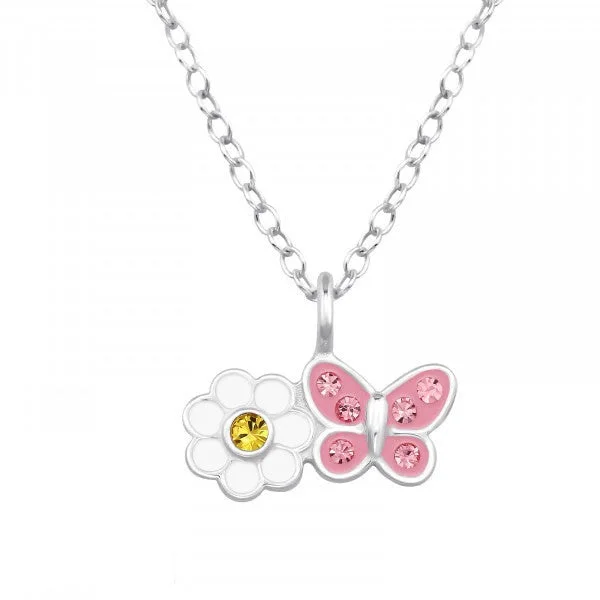 Personalized photo pendants on necklaces to wear loved ones close to your heart -Childrens Sterling Silver Daisy And Butterfly Necklace